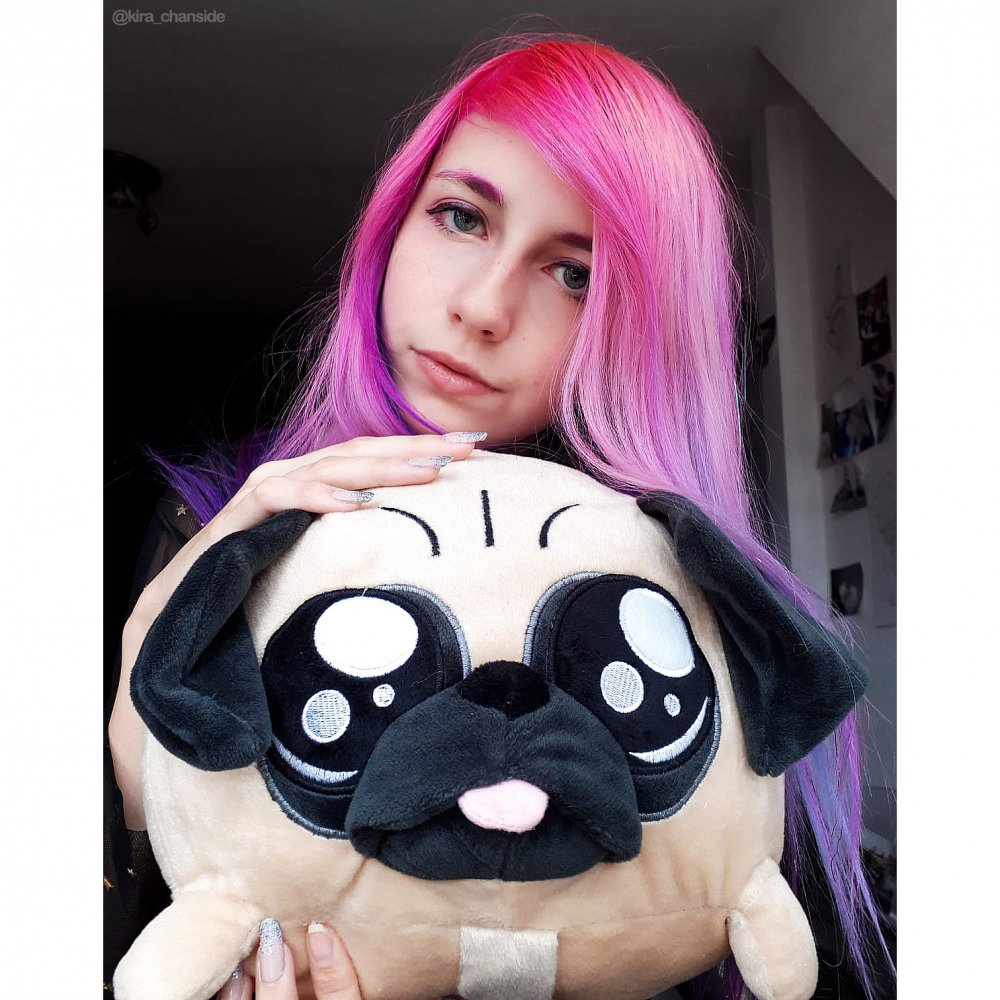 Girl with Pug toy pink hair